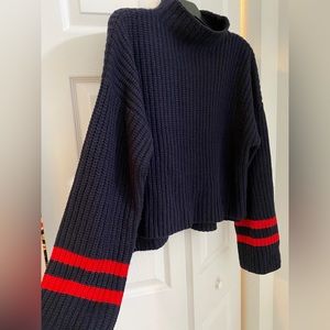 Chunky knit mock turtleneck sweater by Lost + Wander. Size M/L. Navy blue w red.